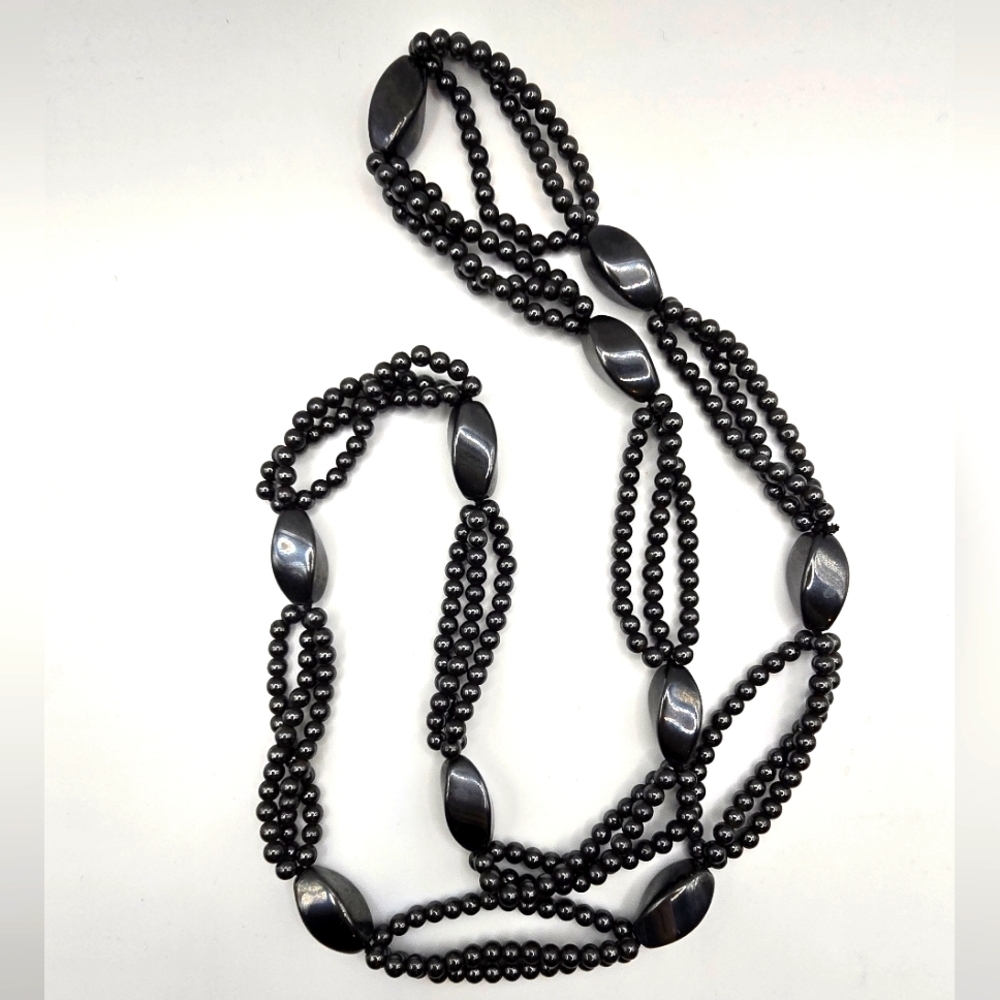 Vintage Natural Hematite Beaded Necklace, Unisex, Boho, 30"